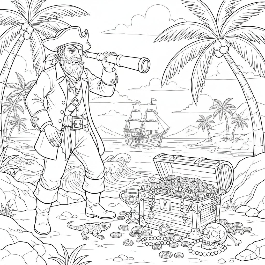 Página para Colorear de Pirata Mágico con Telescopio - Difícil