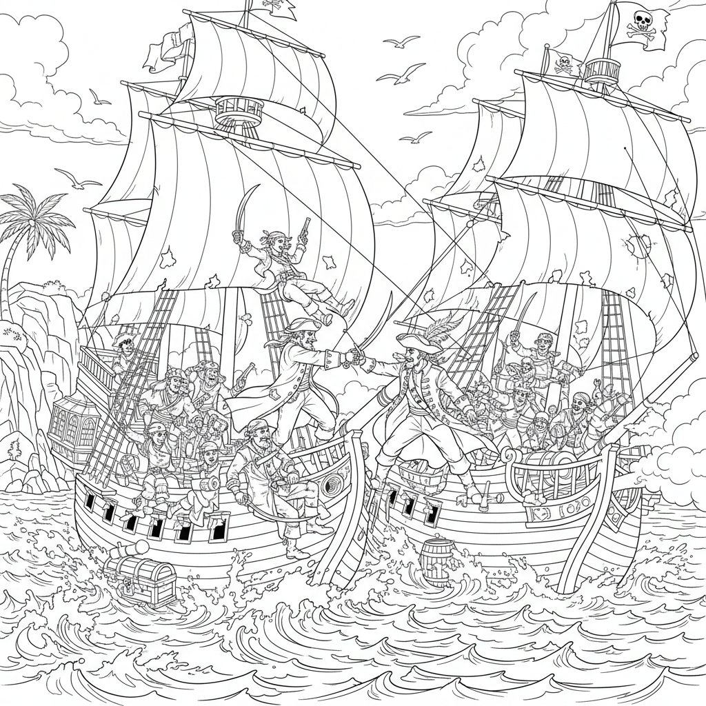 Página para Colorear de Tripulación Pirata Radiante - Difícil