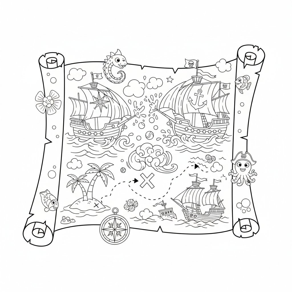 Hermoso Mapa del Tesoro para Colorear - Medio