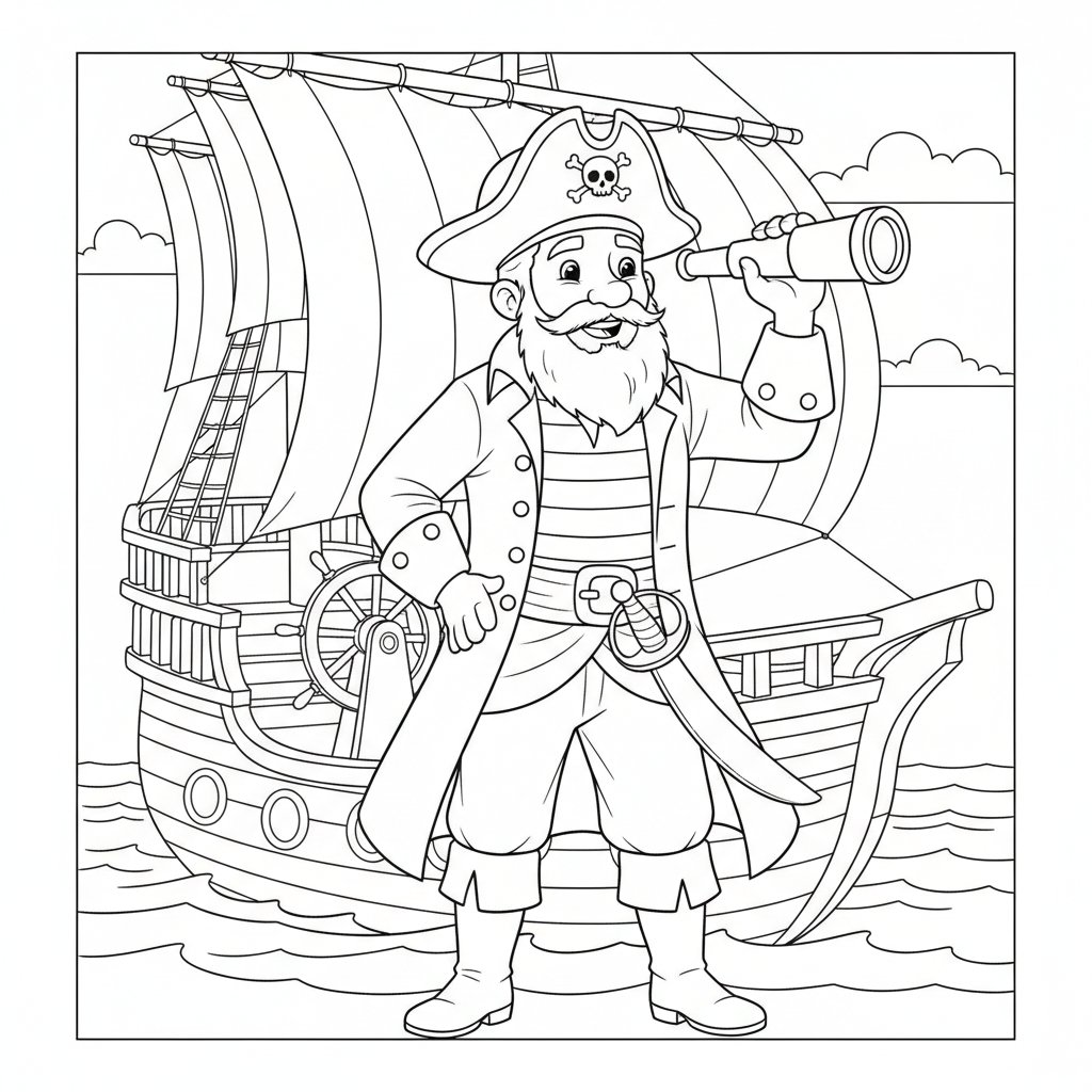 Página para Colorear Creativa de Capitán Pirata - Medio