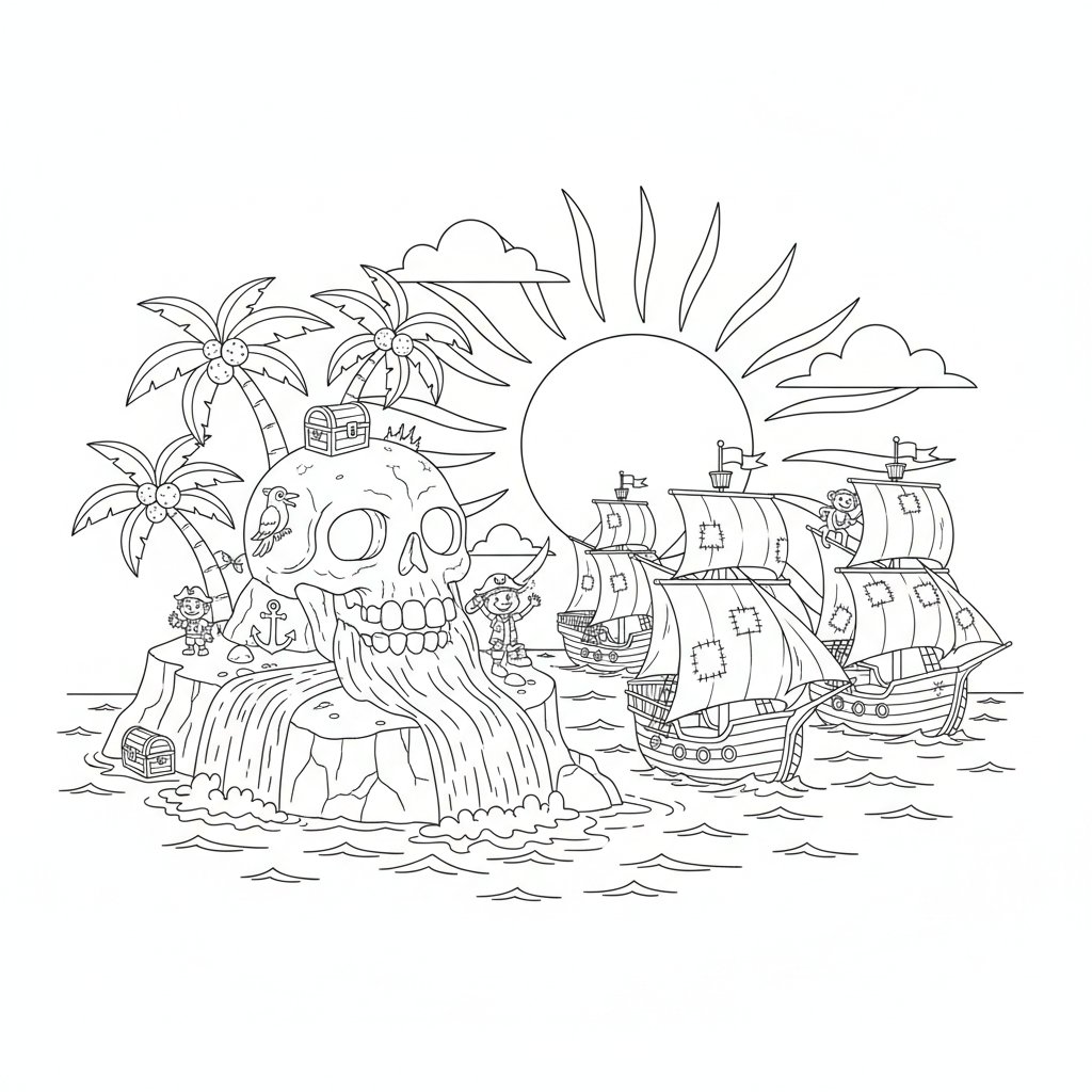 Página para Colorear de la Isla Pirata Feliz - Medio