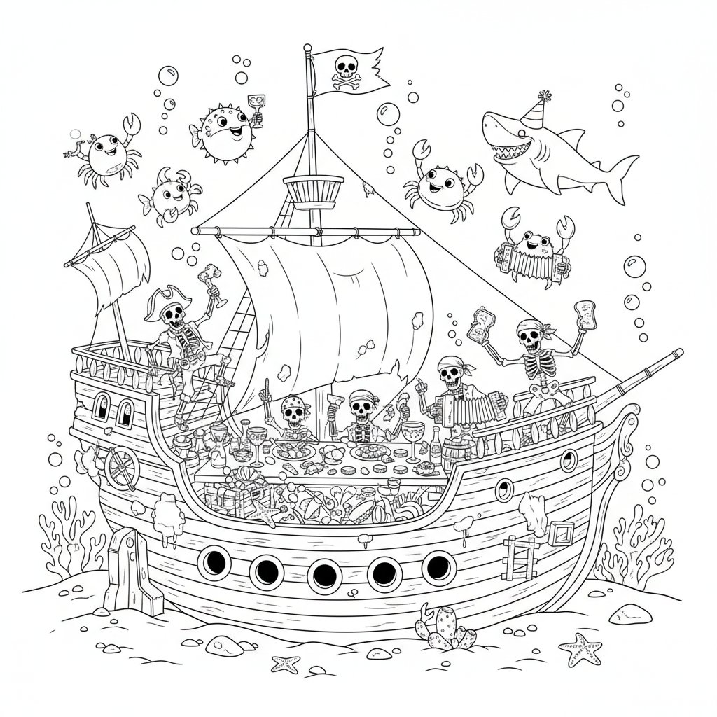 Página para Colorear de Barco Pirata Hundido - Medio