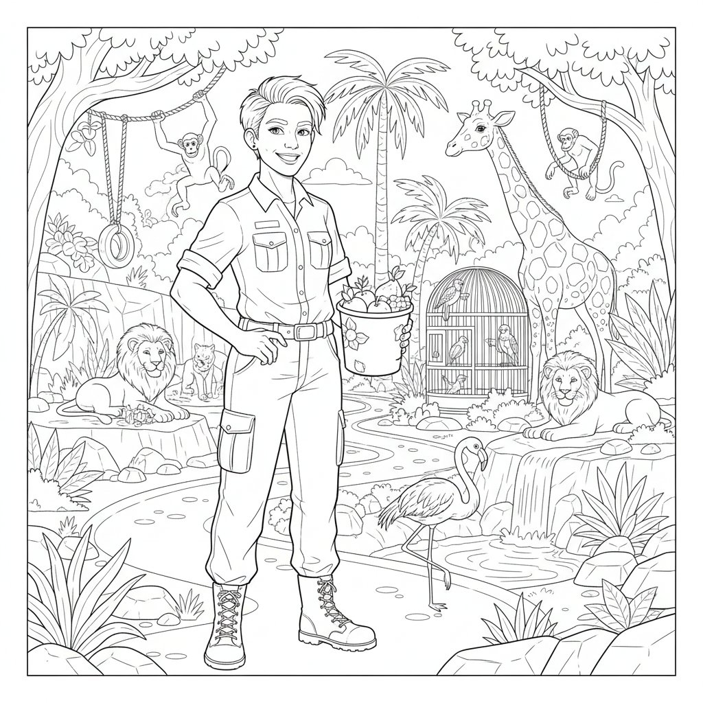 Página para Colorear de Cuidador del Zoológico - Difícil