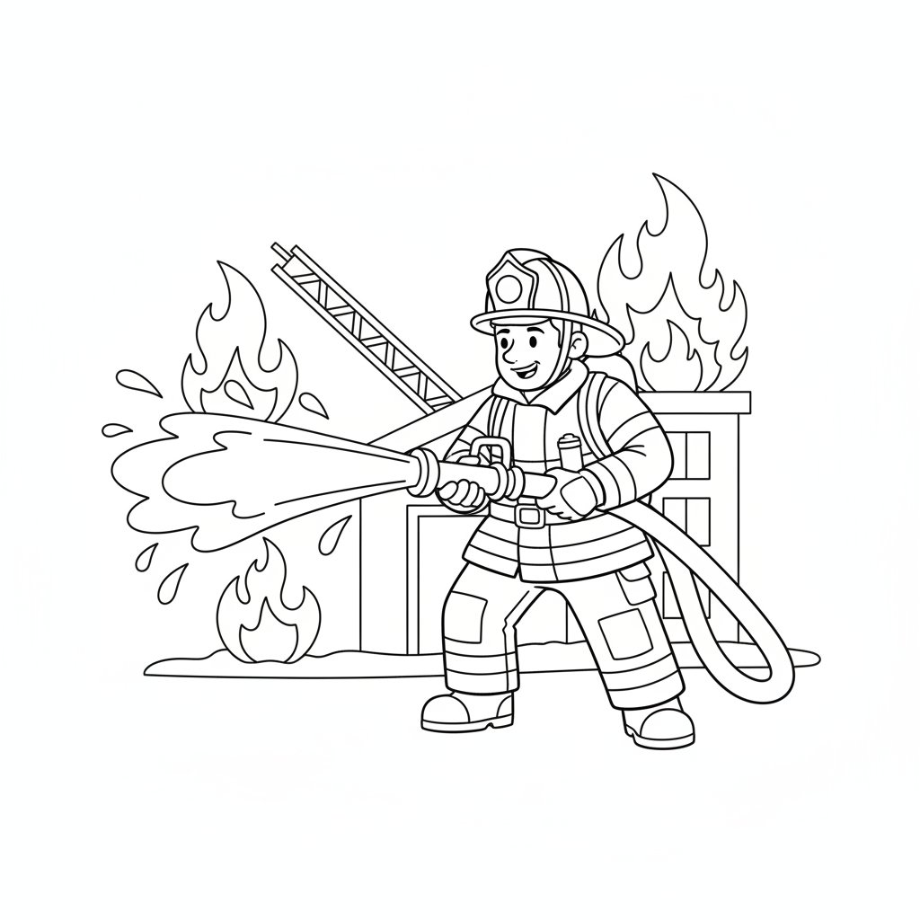 Encantadora Página para Colorear de Bombero - Medio