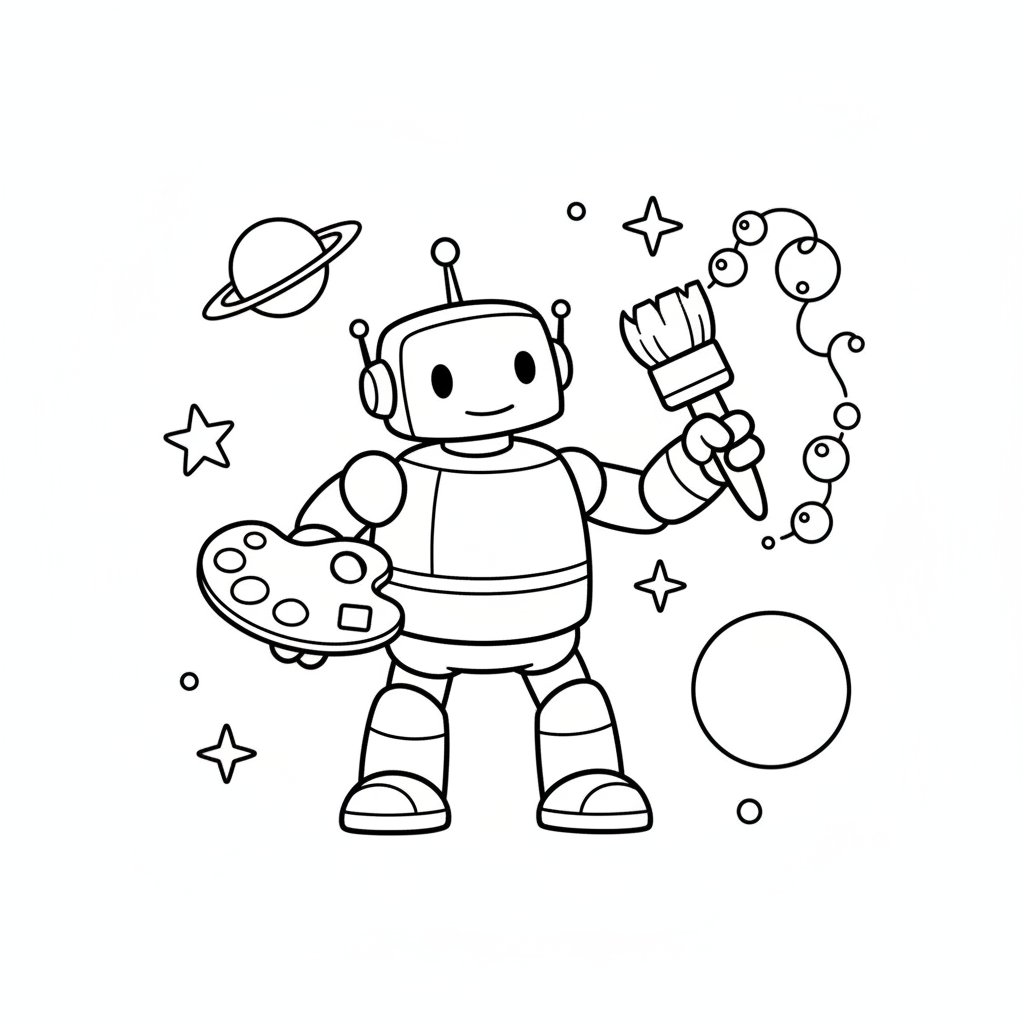 Página para colorear de robot artista acogedor - Fácil