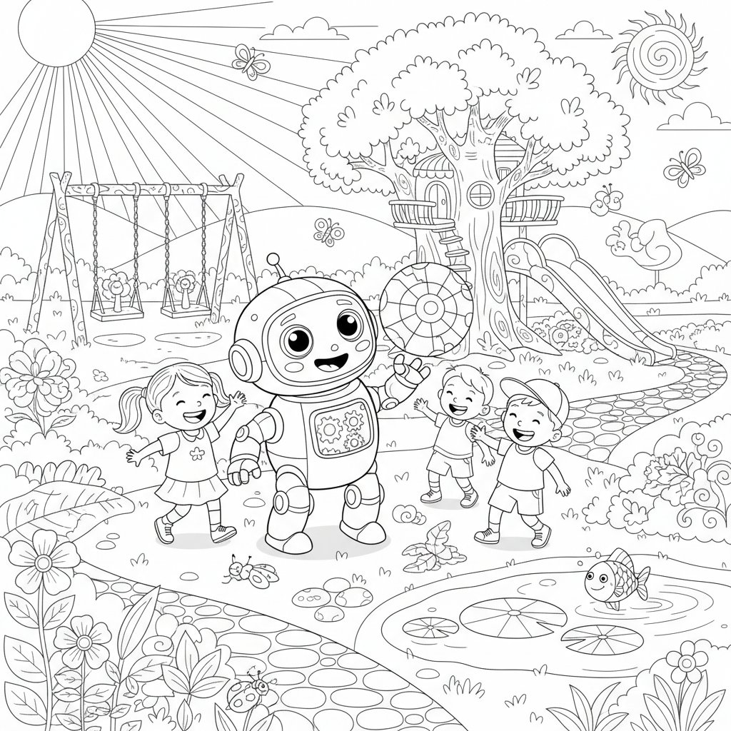 Página para Colorear de Alegre Adorable Bebé Robot - Difícil