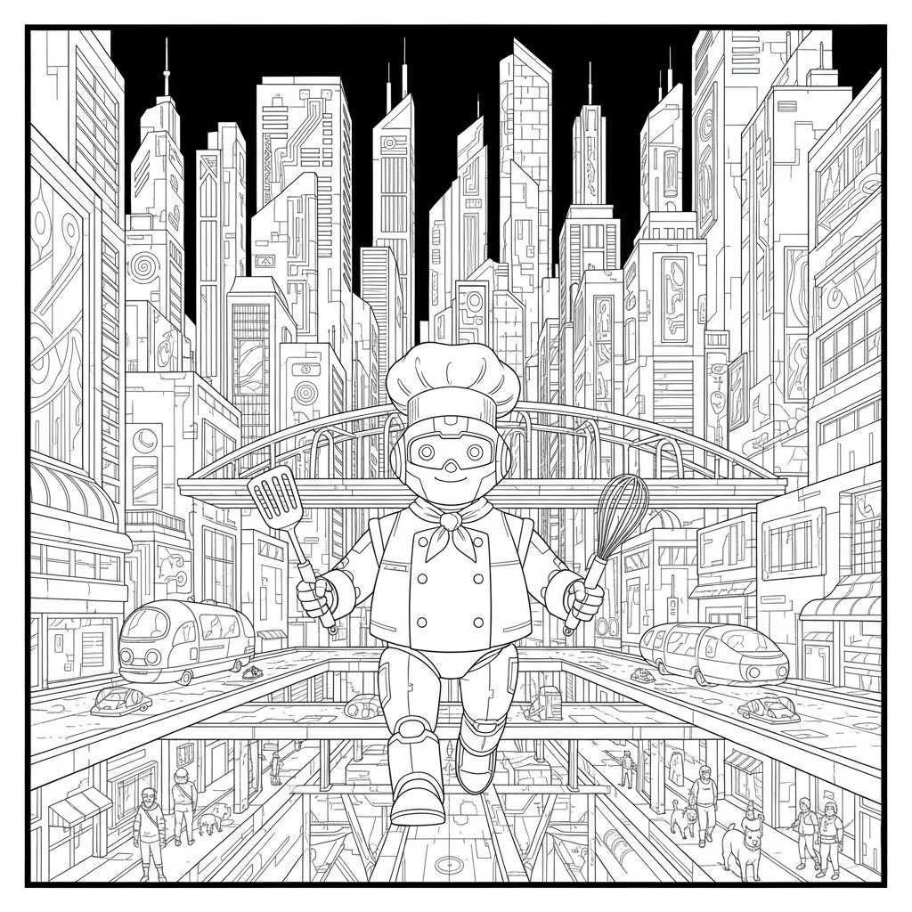 Página para Colorear de Chef Robot Elegante - Difícil