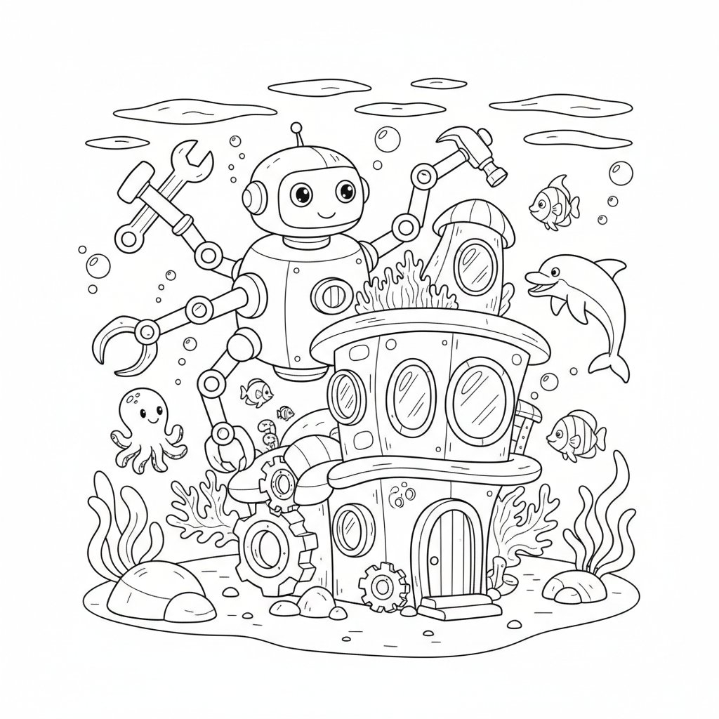 Beautiful Underwater Robot Coloring Page - Medium