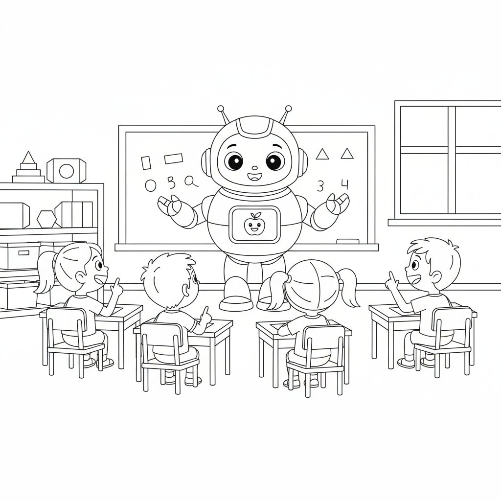 Página para Colorear de Alegre Adorable Bebé Robot - Medio