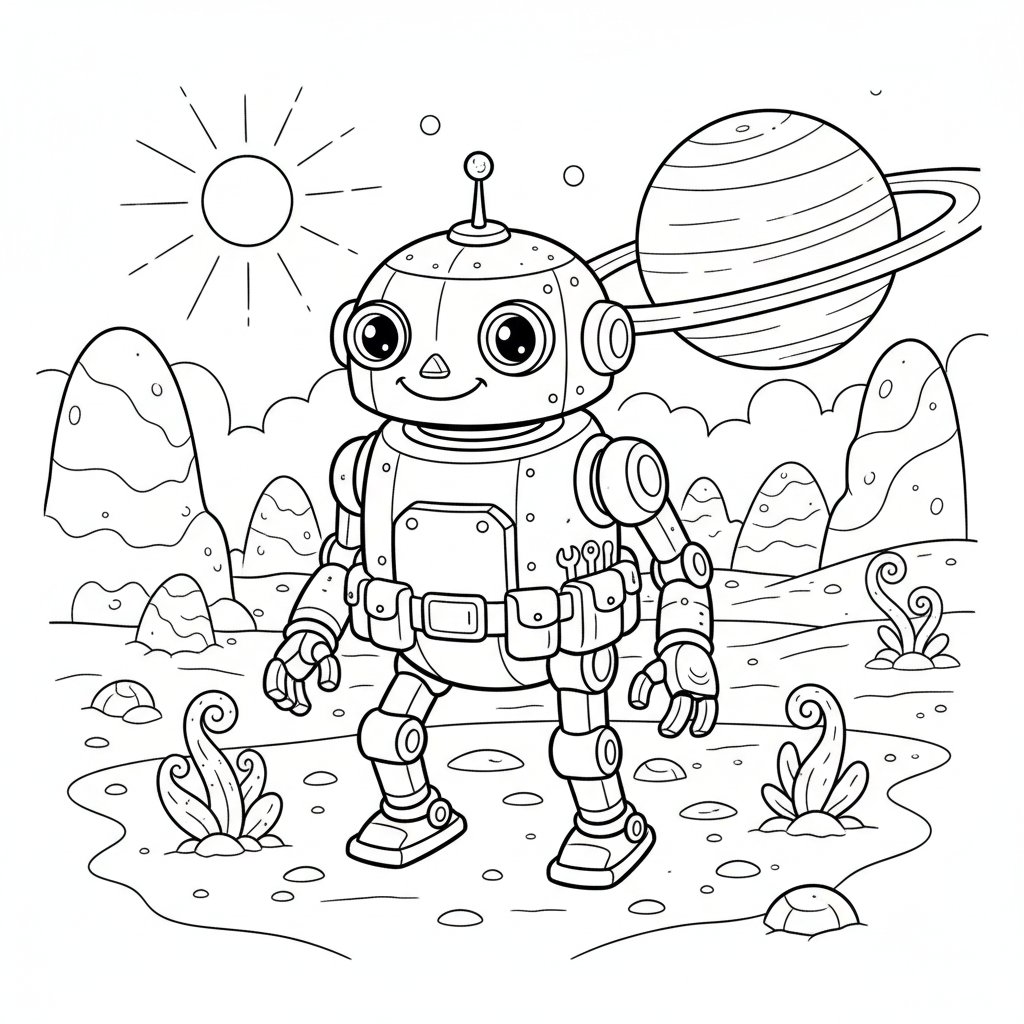 Página para Colorear del Robot Explorador Feliz - Medio
