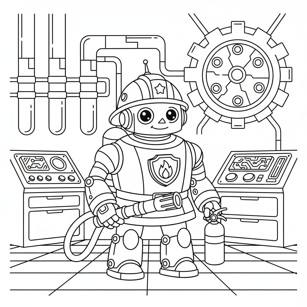 Página para Colorear del Robot Bombero Caprichoso - Medio