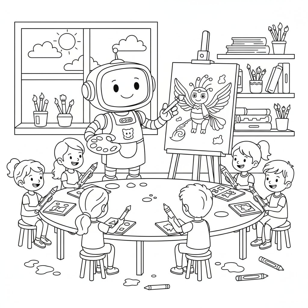 Página para Colorear del Maravilloso Robot Artista - Medio