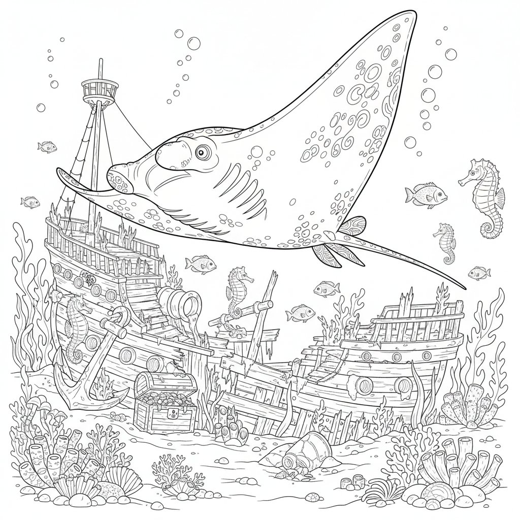 Página para colorear de manta raya acogedora - Difícil