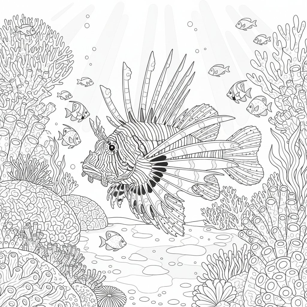 Página para Colorear de Pez León Encantador - Difícil