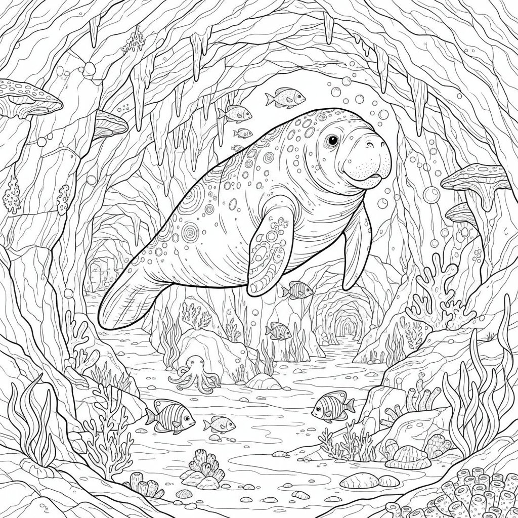 Joyful Manatee Coloring Page - Hard