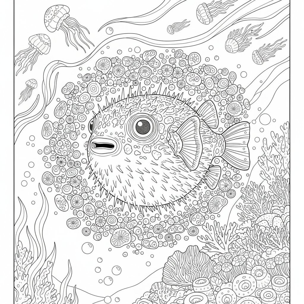 Página para Colorear de Pez Globo - Difícil