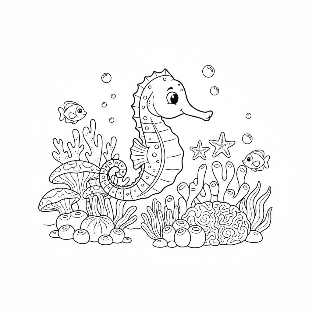 Encantadora Página para Colorear de Caballito de Mar - Medio