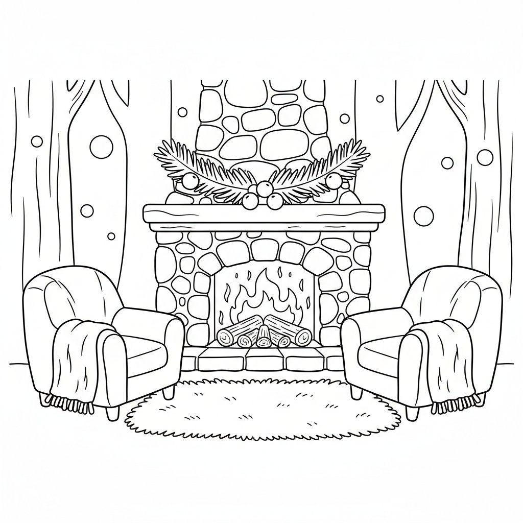 Página para Colorear Creativa de Chimenea Acogedora de Invierno - Fácil