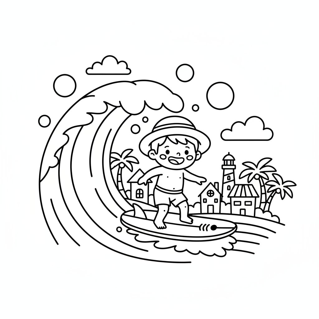 Página para Colorear de Surf de Verano Feliz - Fácil