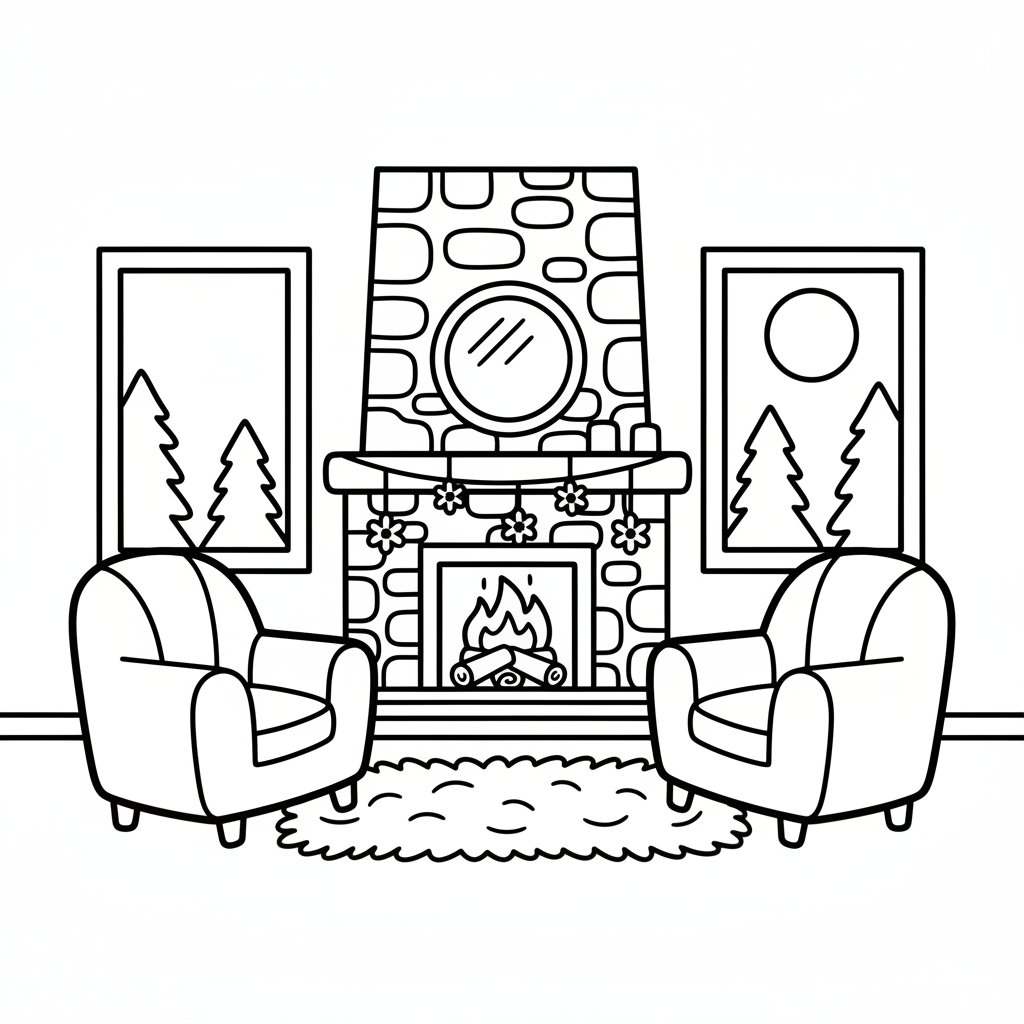 Página para Colorear Chimenea Acogedora de Invierno - Fácil