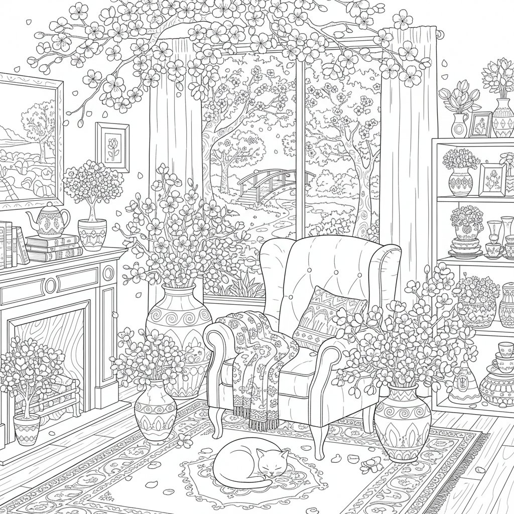 Página para Colorear de Flores de Cerezo en Primavera - Difícil