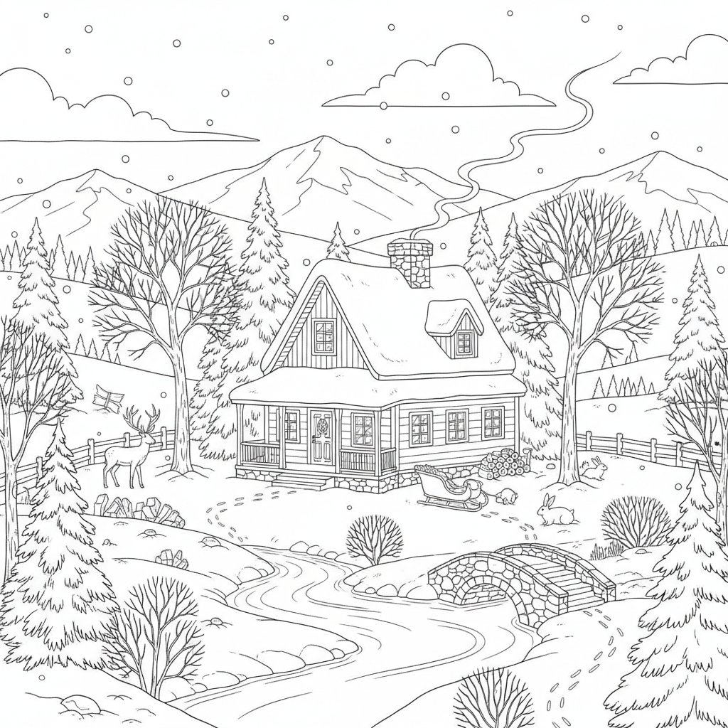 Página para Colorear de la Cabaña de Invierno Feliz - Difícil