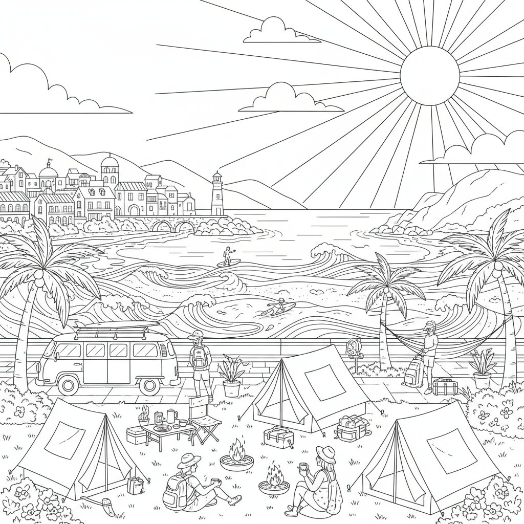 Página para Colorear de Camping de Verano Alegre - Difícil