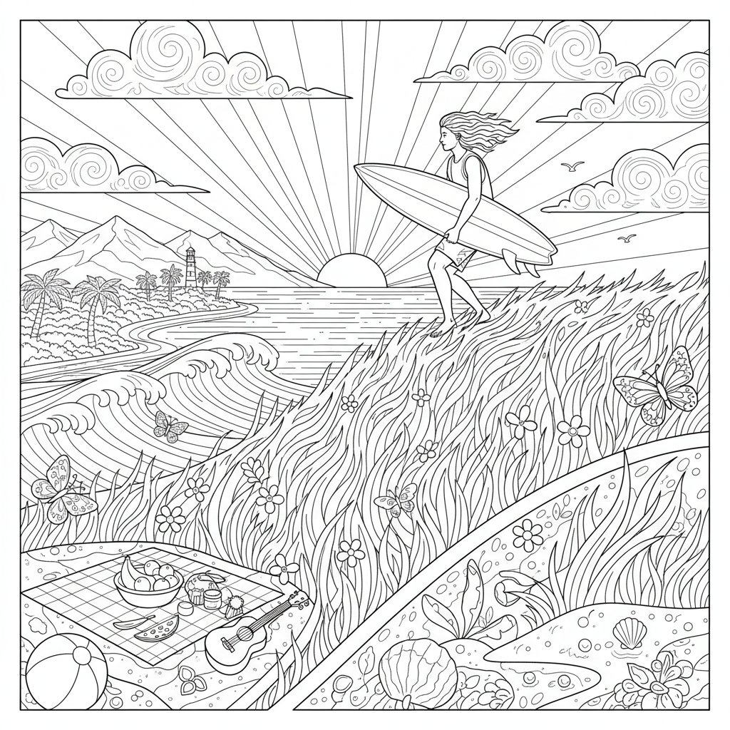 Página para Colorear de Surf de Verano Encantador - Difícil