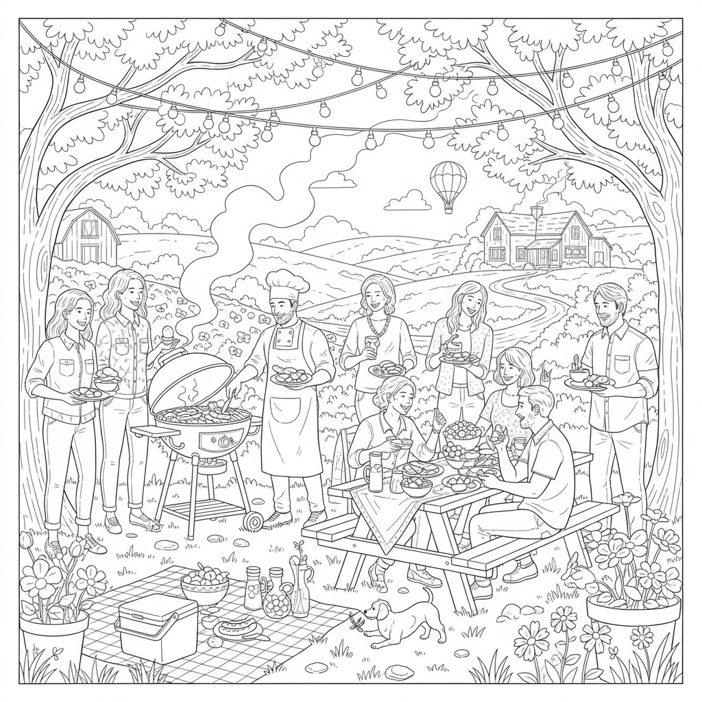 Página para Colorear de Barbacoa de Verano Radiante - Difícil