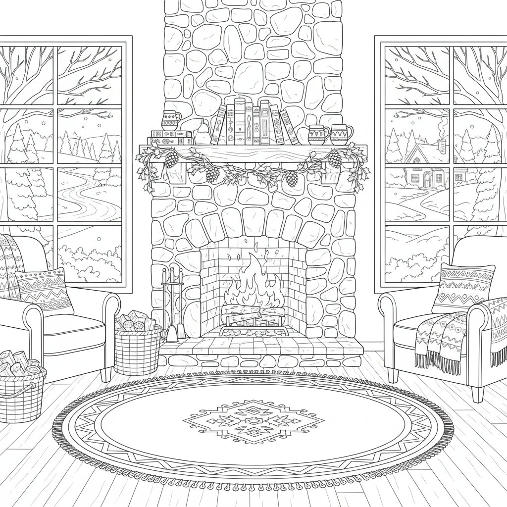 Impresionante Página para Colorear de Chimenea Acogedora de Invierno - Difícil