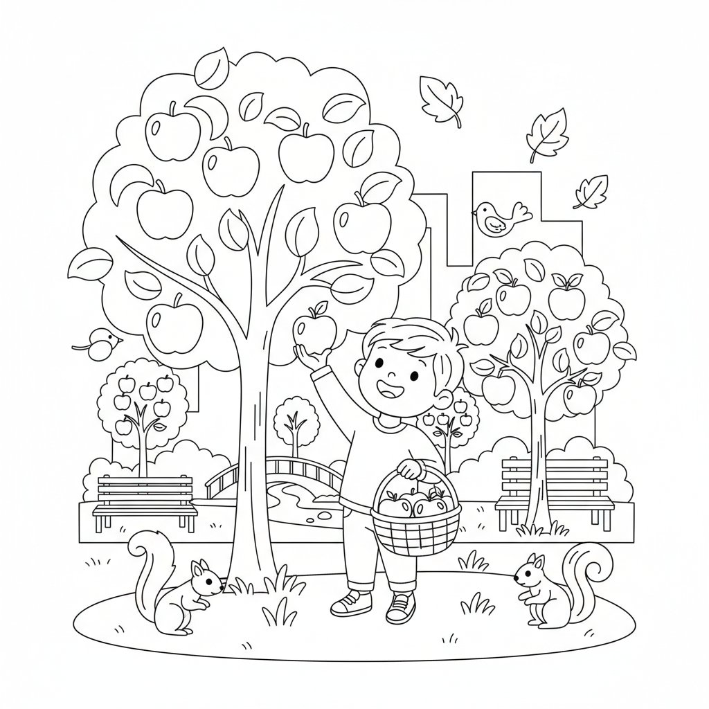 Página para Colorear de Recolección de Manzanas Otoñal - Medio