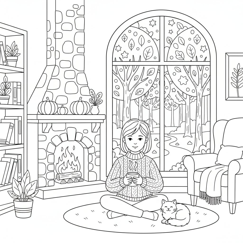 Página para Colorear de Paseo por el Bosque Otoñal - Medio