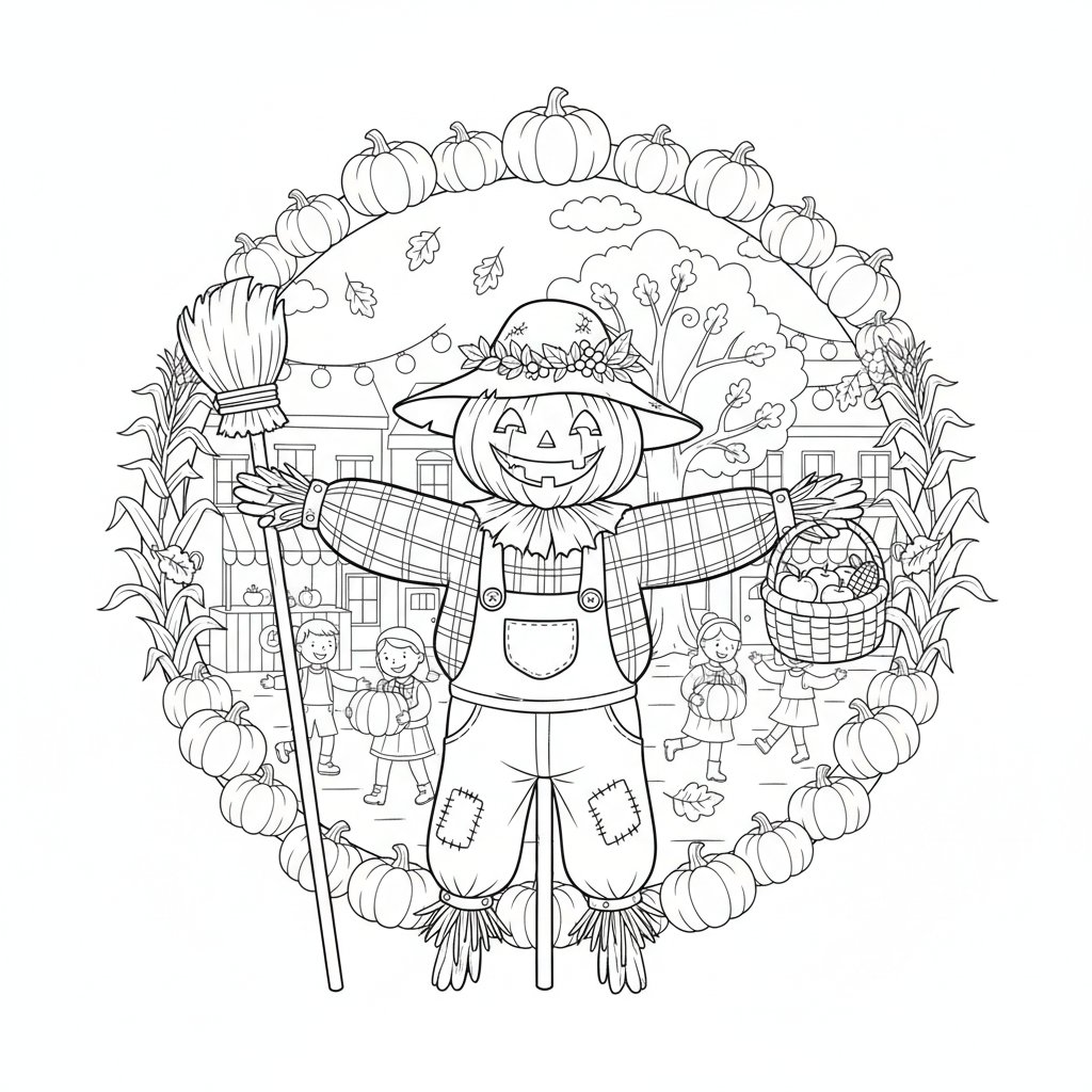 Página para Colorear Espantapájaros de Otoño - Medio