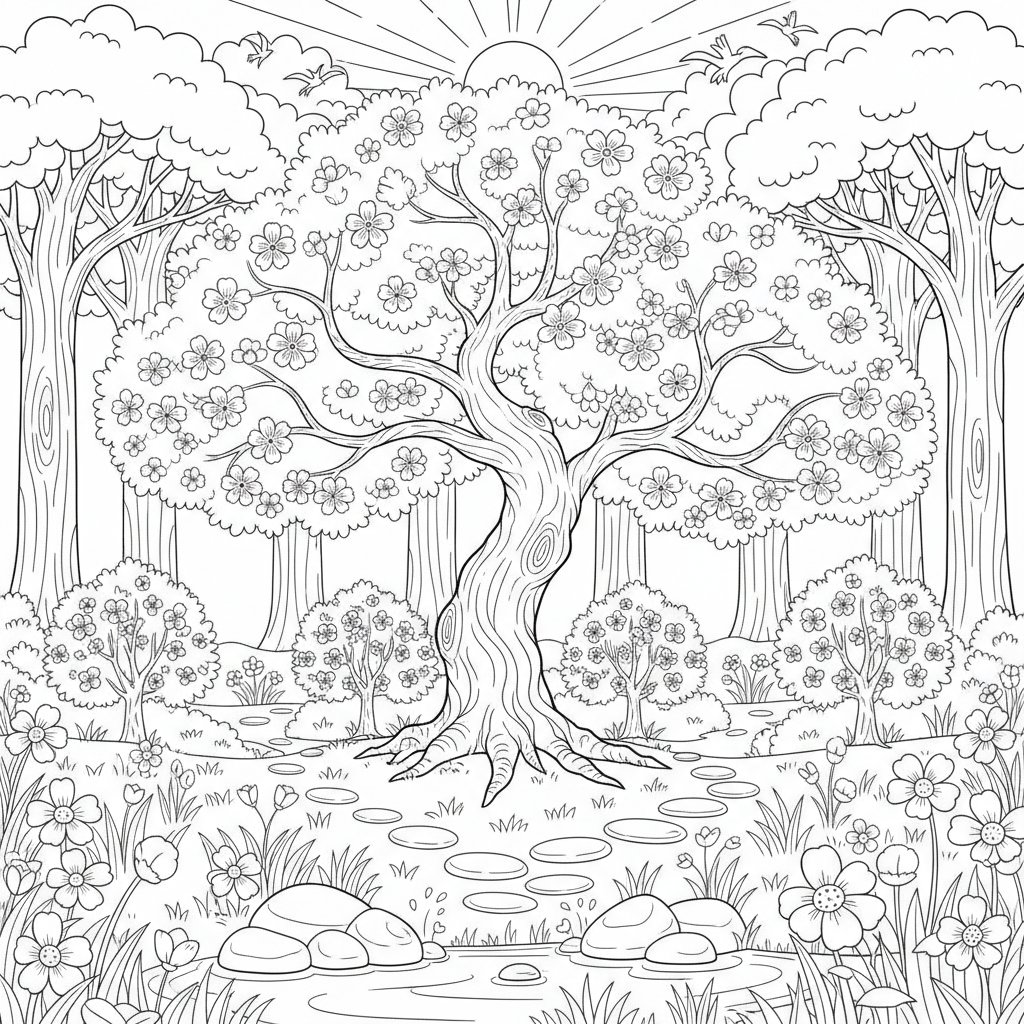 Página para Colorear de Flores de Cerezo en Primavera - Medio