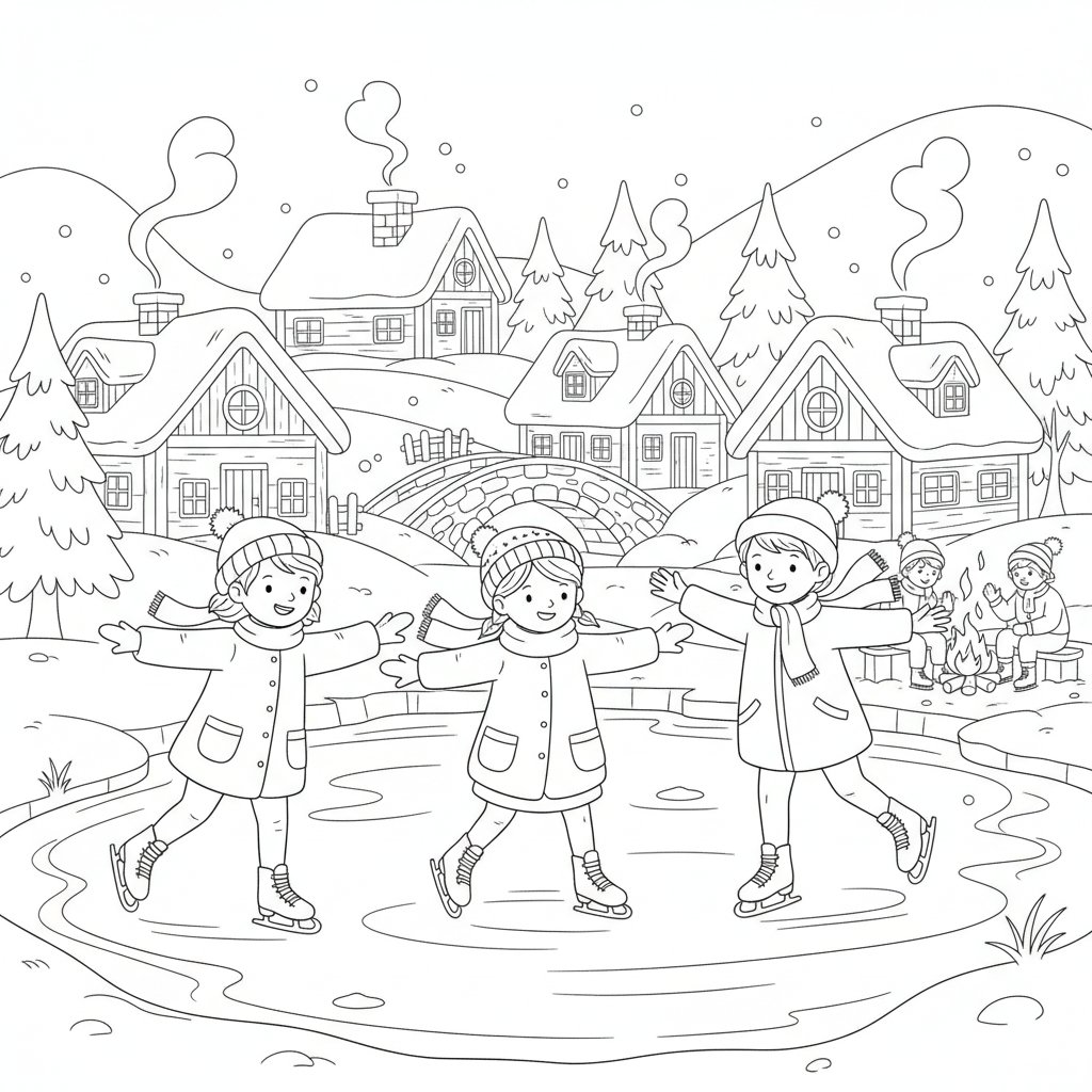 Página para Colorear de Patinaje sobre Hielo en Invierno Delicioso - Medio