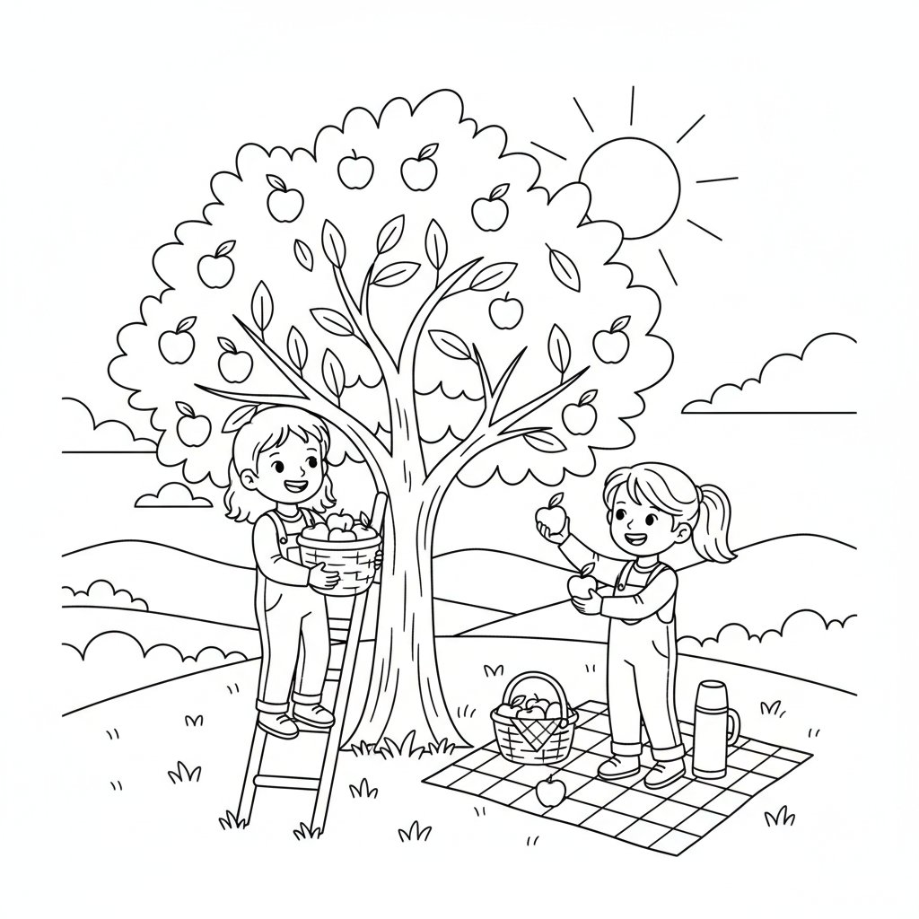 Página para Colorear de la Encantadora Recolección de Manzanas en Otoño - Medio