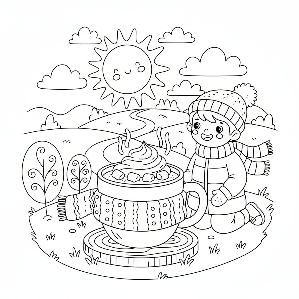 Página para Colorear de Chocolate Caliente Invernal Juguetón - Medio
