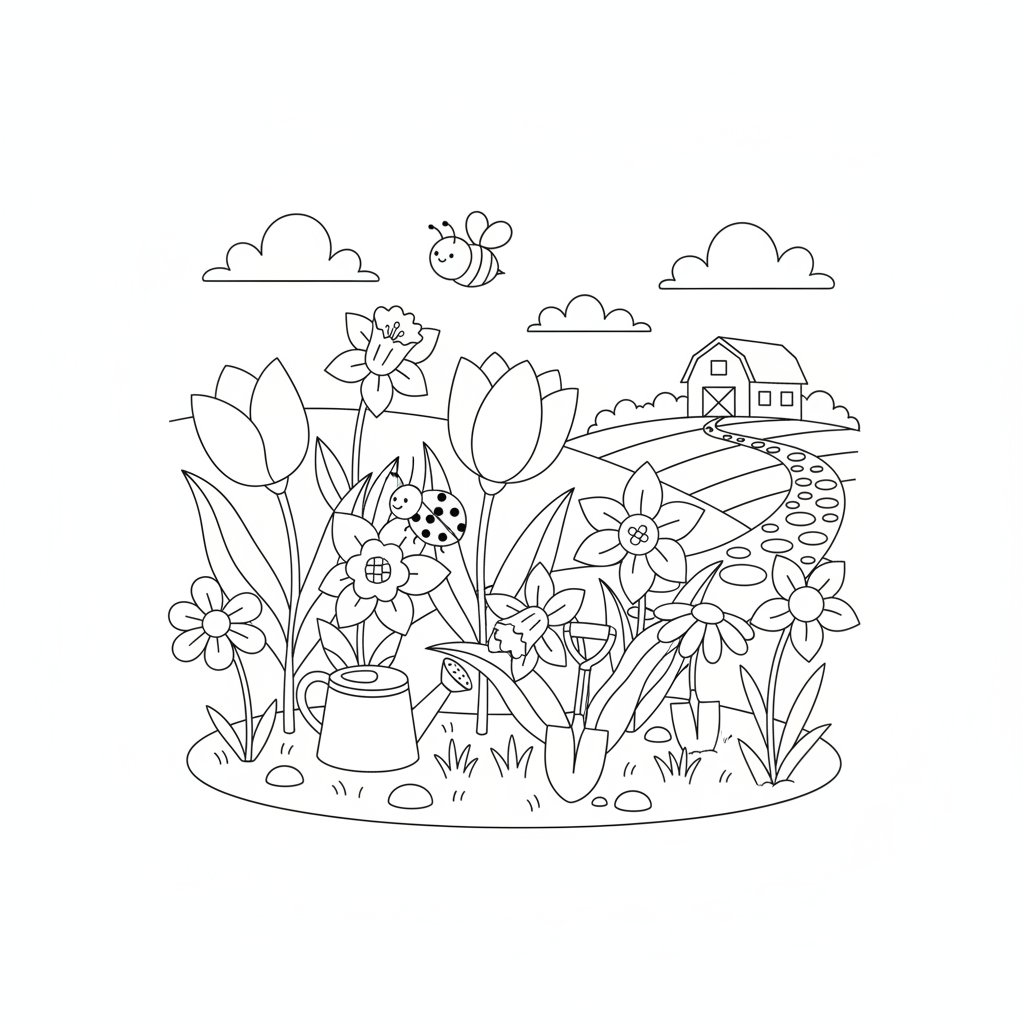 Página para Colorear Jardín de Primavera - Medio