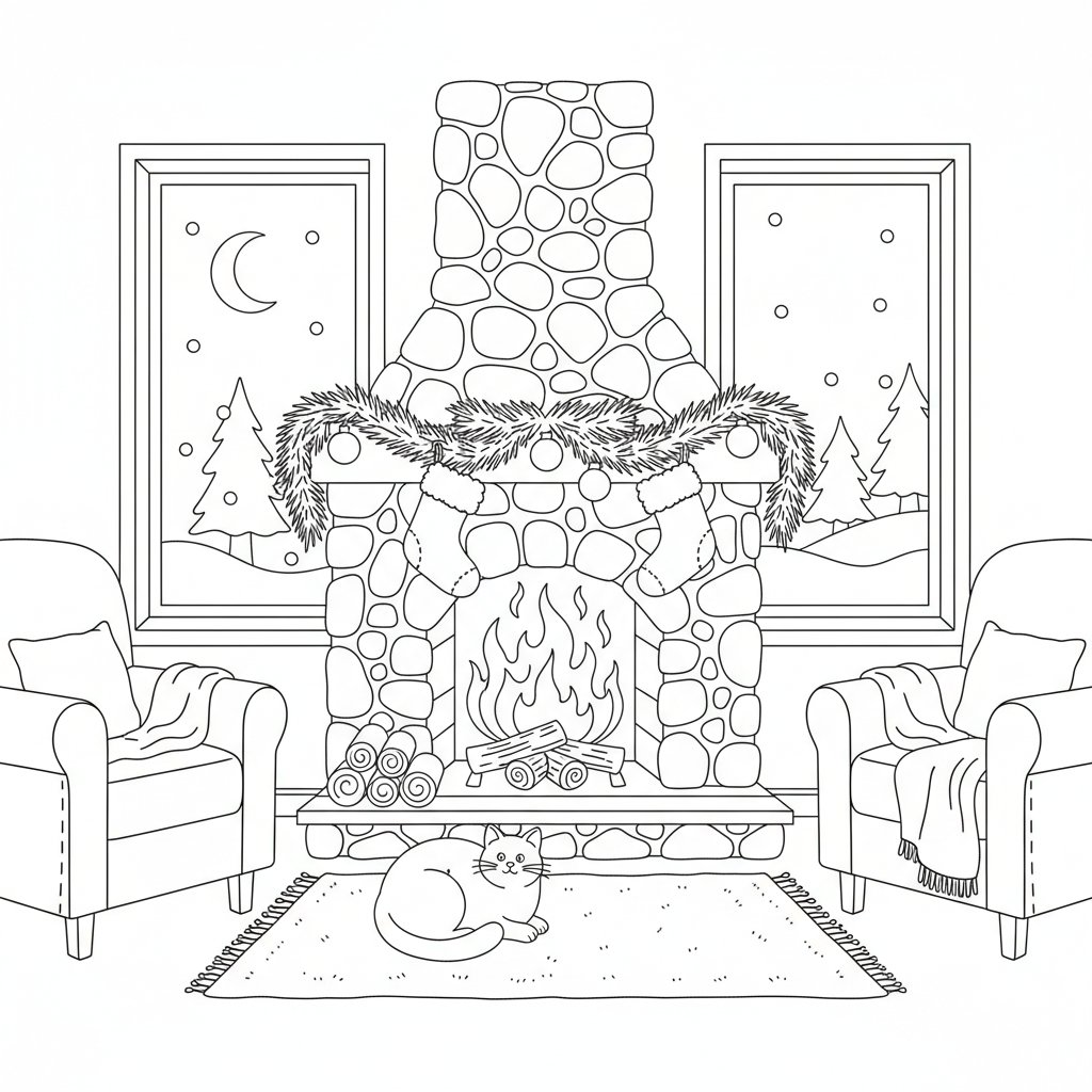 Página para Colorear Chimenea Acogedora de Invierno - Medio