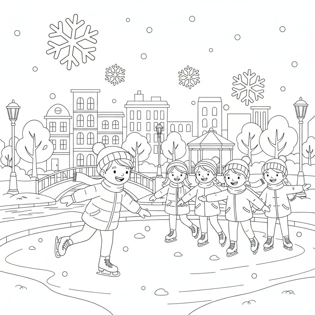 Página para Colorear Patinaje sobre Hielo de Invierno - Medio