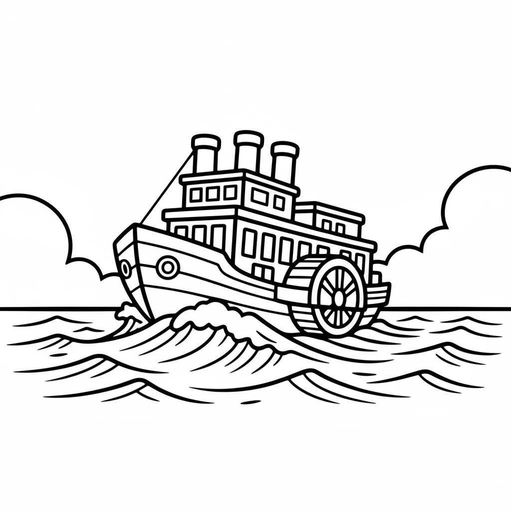 Página para Colorear de Barco de Vapor con Paletas Encantador - Fácil