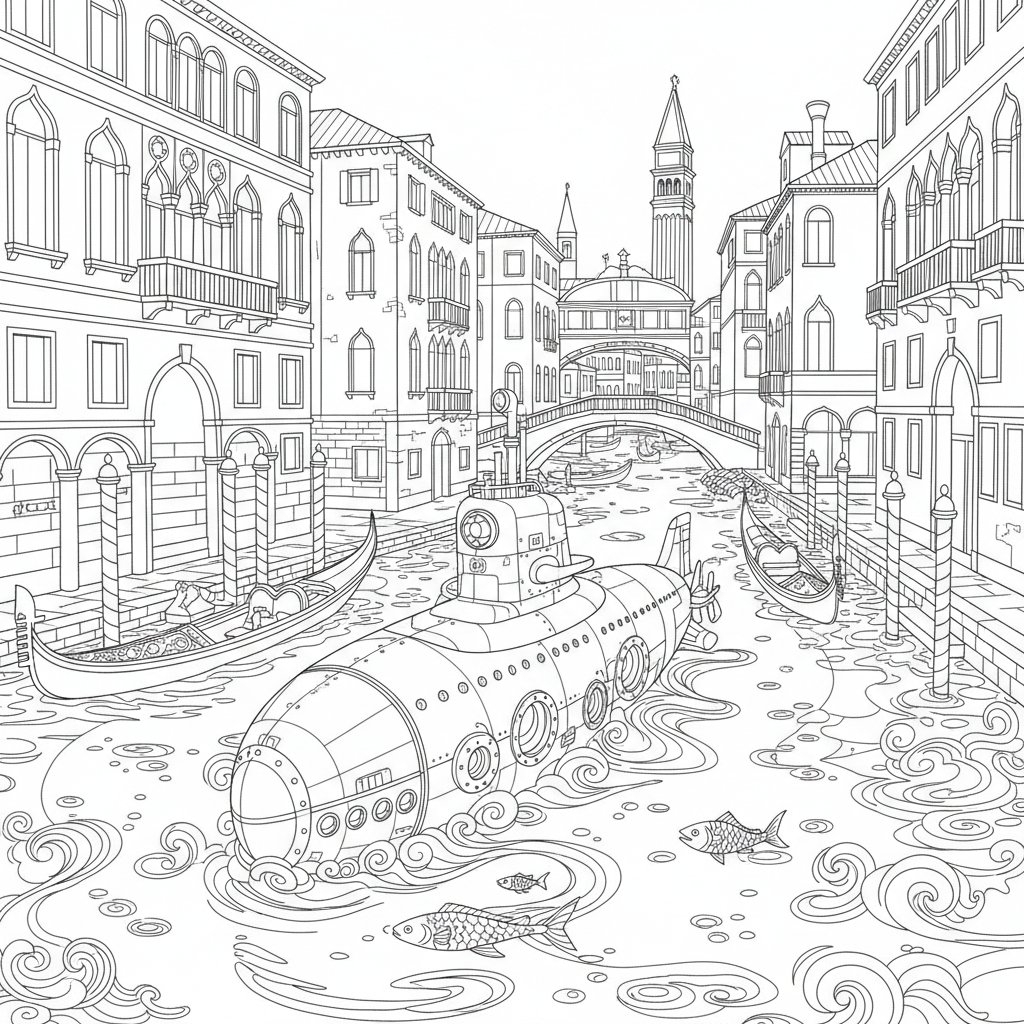 Página para Colorear de Lindo Submarino - Difícil