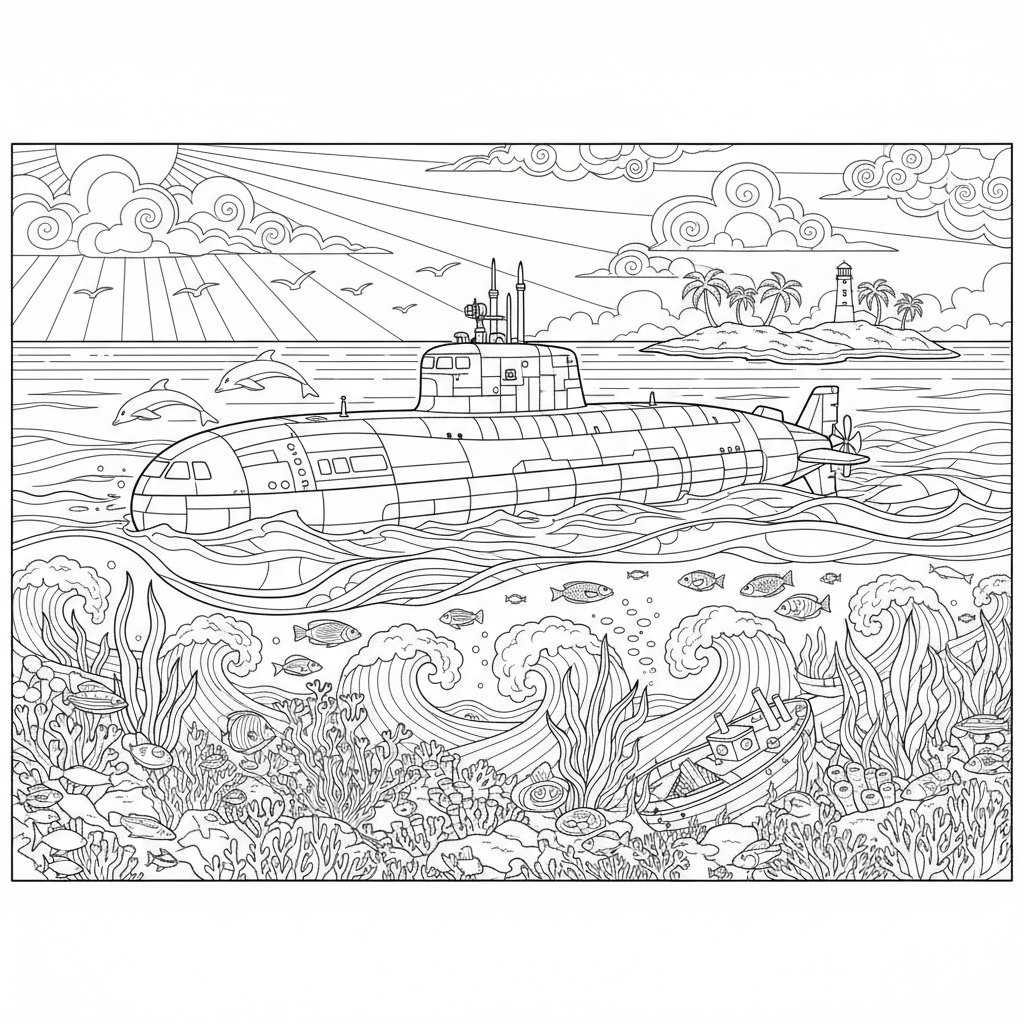 Página para Colorear de Submarino Vibrante - Difícil