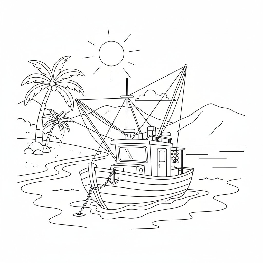 Página para Colorear de Alegre Barco Pesquero - Medio