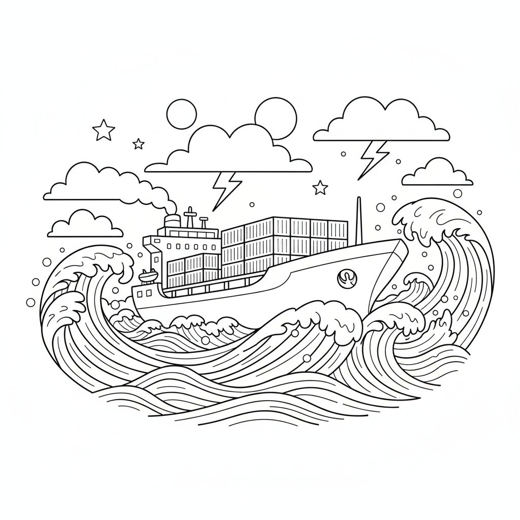 Página para Colorear Creativa de Barco de Carga - Medio