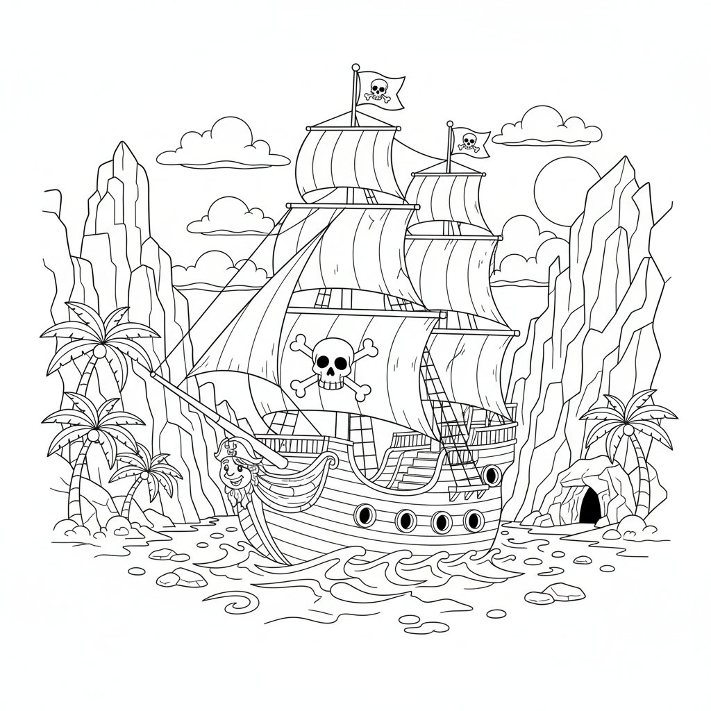 Encantadora Página para Colorear de Barco Pirata - Medio