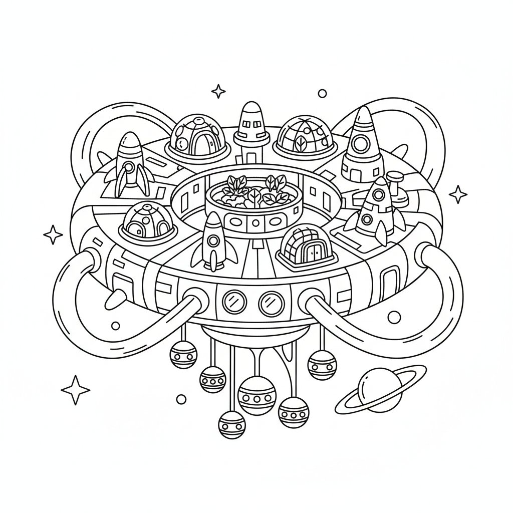 Página para Colorear Colonia Espacial - Fácil