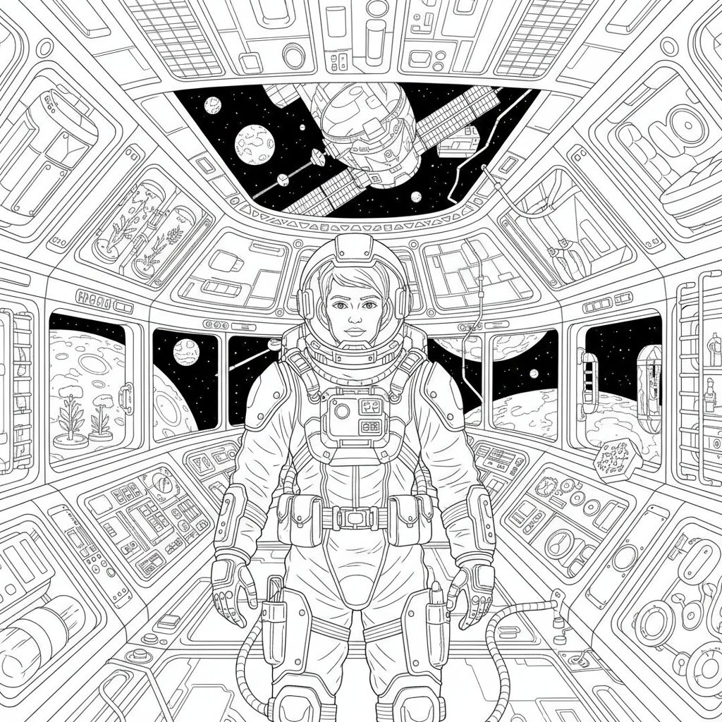 Página para Colorear del Explorador Espacial Alegre - Difícil