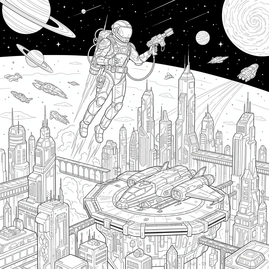 Página para Colorear de Exploradora Espacial Elegante - Difícil