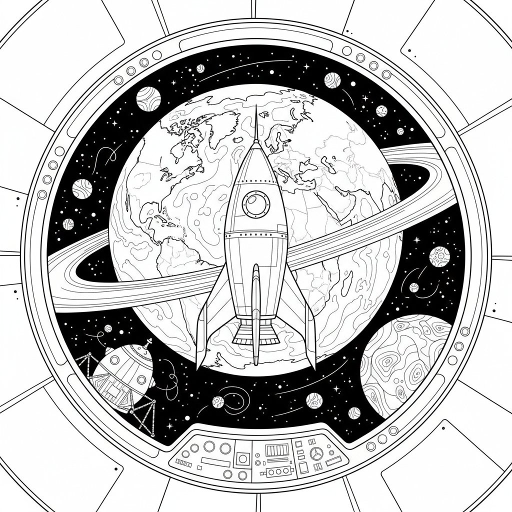 Página para Colorear Nave Espacial - Difícil